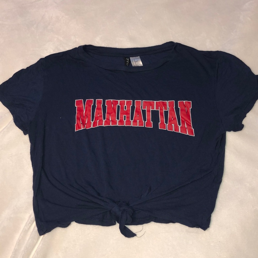 Navy blue shirt w/ Red Manhattan writing tie Crop